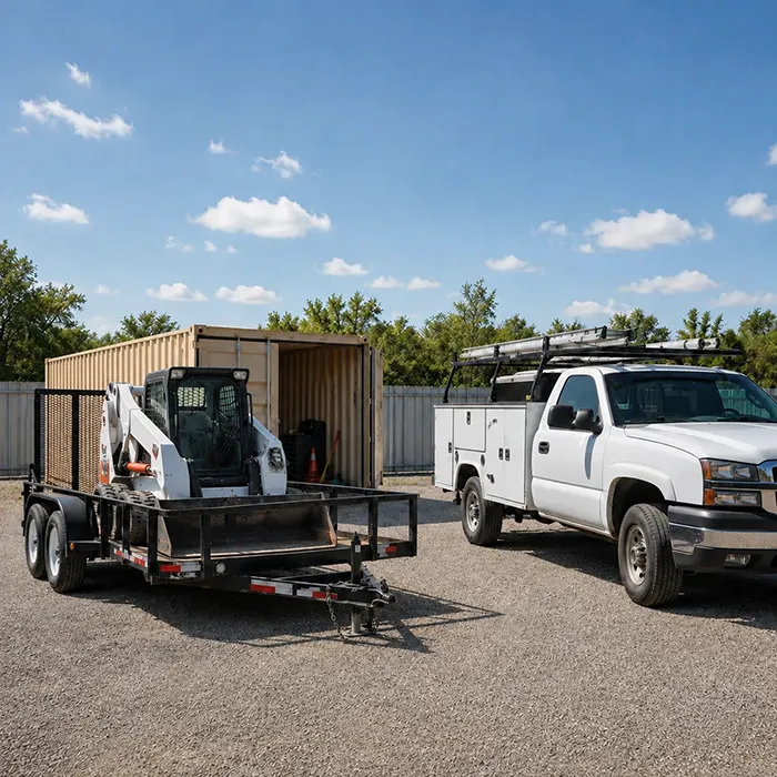 a work truck and trailer with a Bobcat on it parked in front of a containerized storage unit