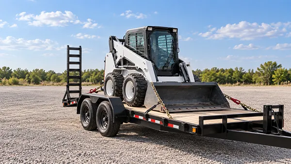 skidloader on a trailer in a storage yard