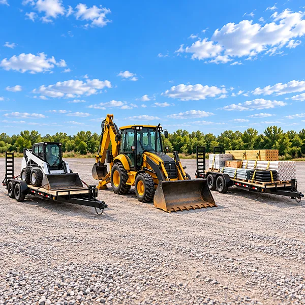 skid loader, backhoe, trailers, and construction materials in a storage yard