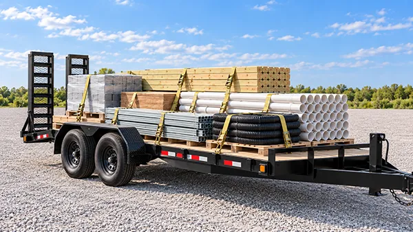 construction materials on a trailer in a storage yard
